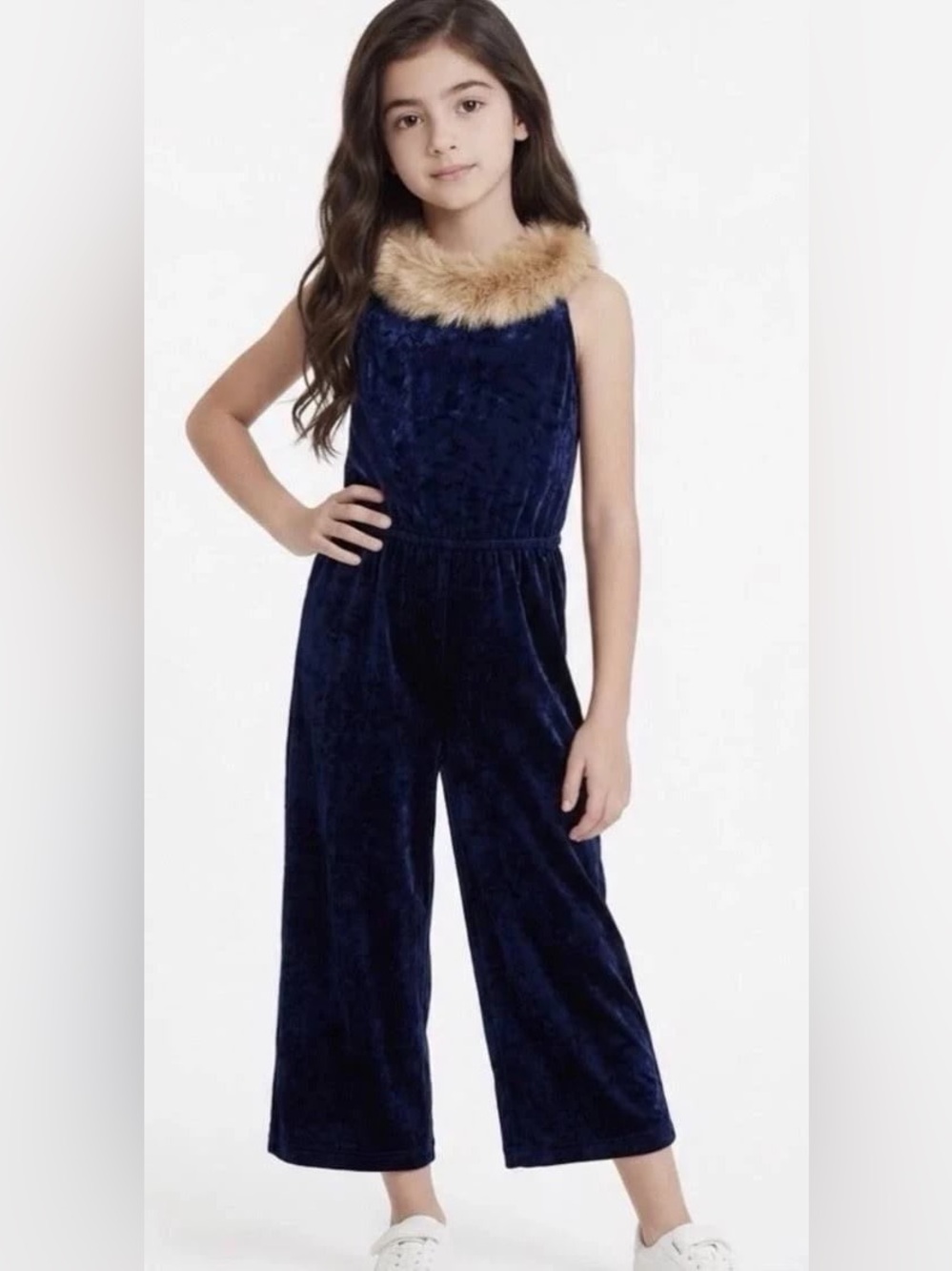 Janie And Jack Velvet Romper Faux Fur Collar Navy Blue Size 8